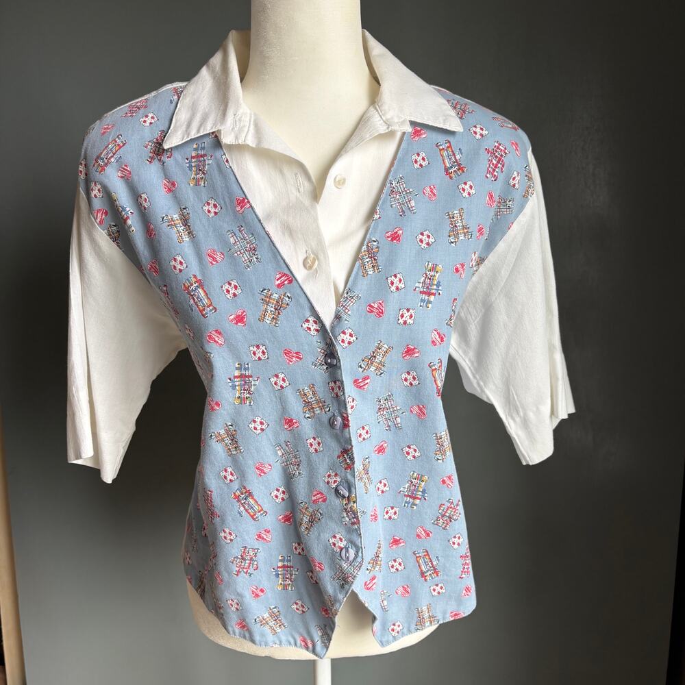 Vintage TAP&CO Women's L Teddy Bear Print Faux Vest 90's Retro Cottagecore Top